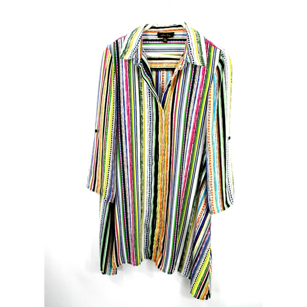 Melissa Paige Button Up Tunic Blouse Womens Medium Multicolor Striped Roll Tab